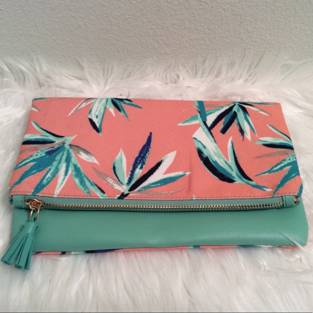 Rachel Pally aqua with tropical print clutch. Hot